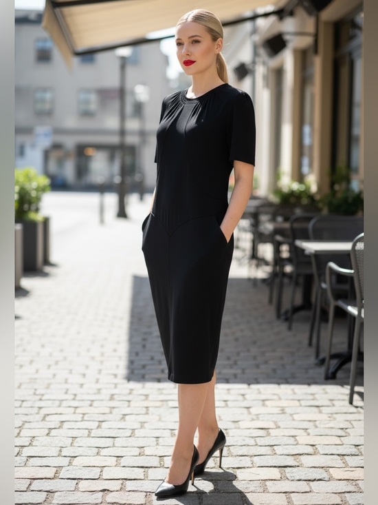 CHANEL Dresses & Skirts - CHANEL Black Midi Sheath Dress with Short Sleeves